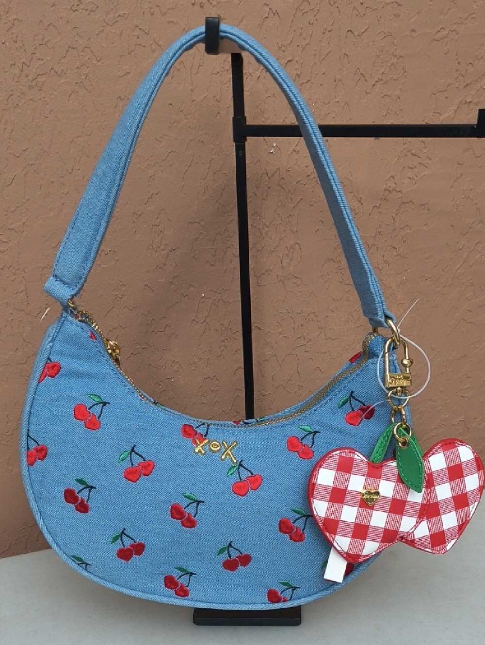 NWT Betsey Johnson Light Denim XONORTHY Cherry Shoulder Bag with Gold Hardware